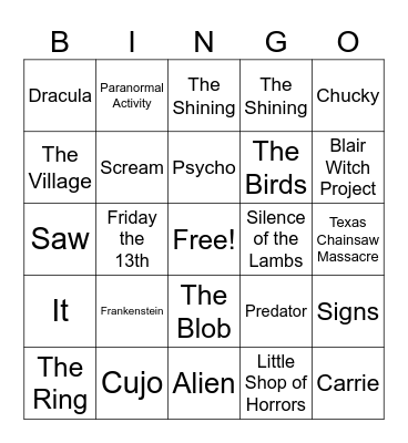 Scary Movie Bingo Card
