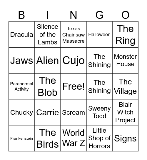 Scary Movie Bingo Card