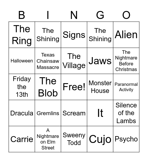 Scary Movie Bingo Card