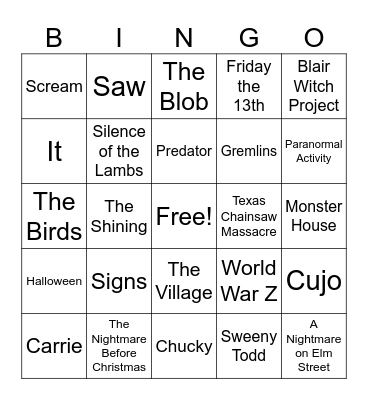 Scary Movie Bingo Card
