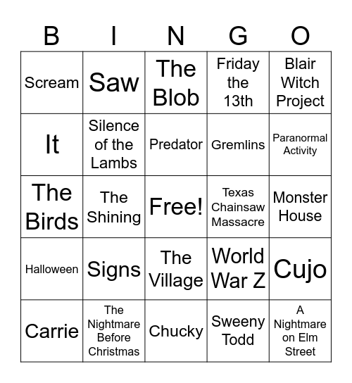 Scary Movie Bingo Card