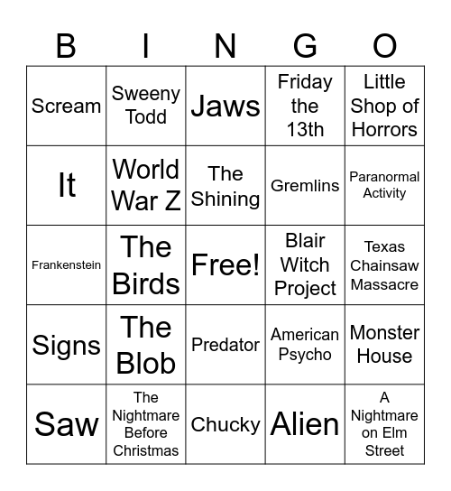 Scary Movie Bingo Card