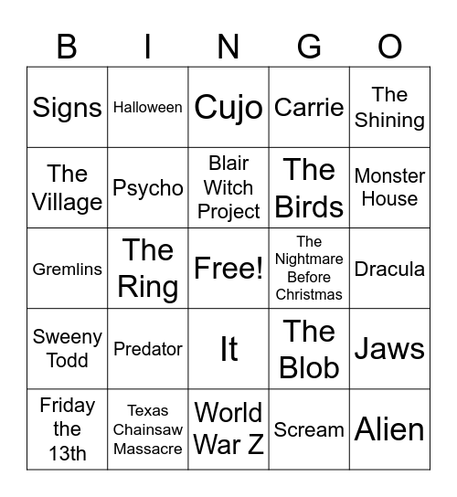 Scary Movie Bingo Card