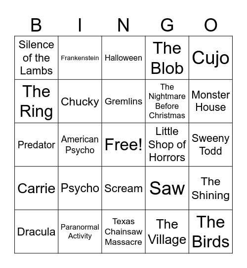 Scary Movie Bingo Card