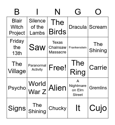Scary Movie Bingo Card
