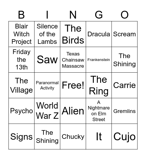 Scary Movie Bingo Card