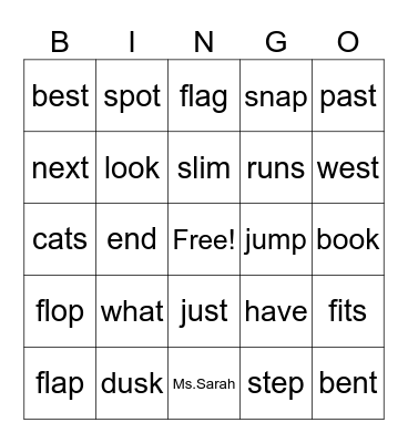 Short Vowel Bingo Card