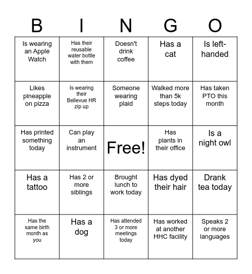 Bellevue HR Bingo Card
