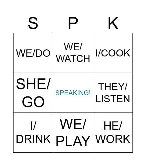 PRESENT SIMPLE TENSE Bingo Card