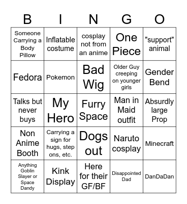 Anime Con Bingo Card