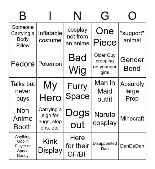 Anime Con Bingo Card