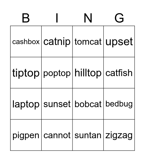 Compound Words (closed syllables) Bingo Card
