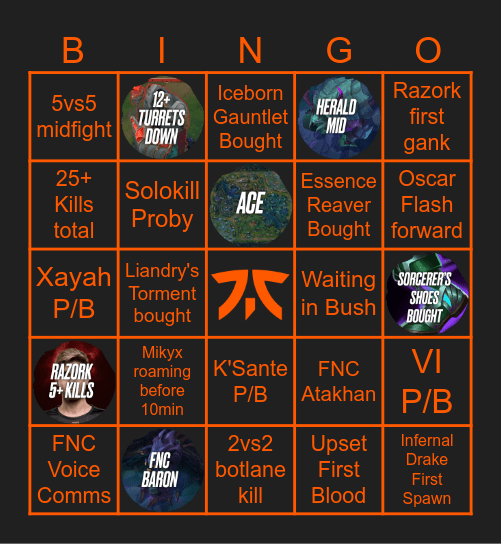 Fnatic vs MKOI G2 Worlds 25 Bingo Card