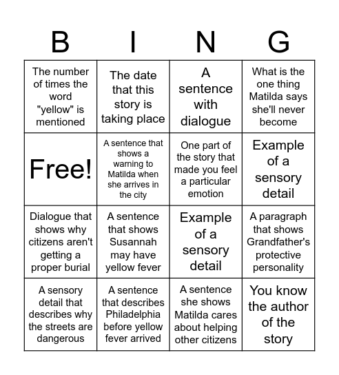 Fever 1793 Bingo Card