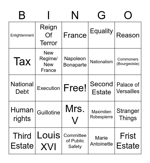 French Rev Bingo Card