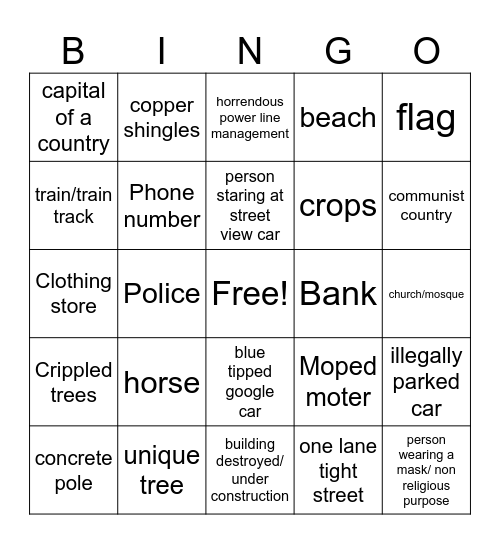 Geoguesser bingo Card