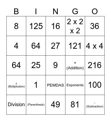 Order of Operations/Exponents Bingo Card