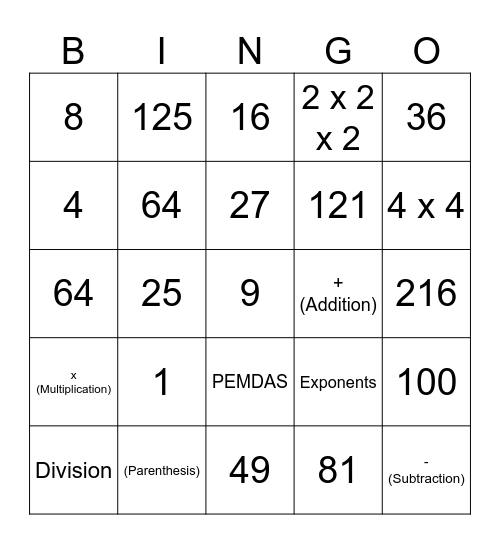 Order of Operations/Exponents Bingo Card