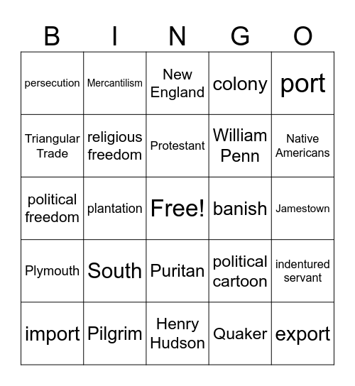 Colonial Times Bingo Card