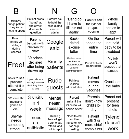 Clinic Chaos Bingo Card