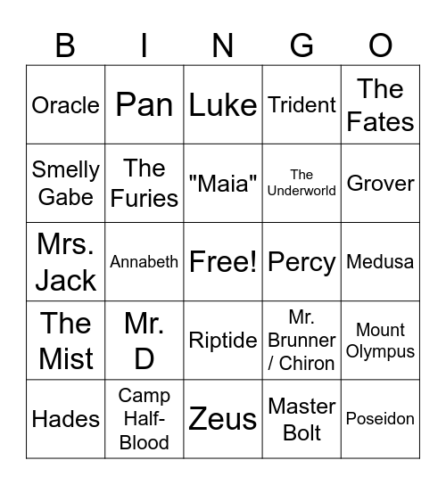 Percy Jackson Review Bingo Card
