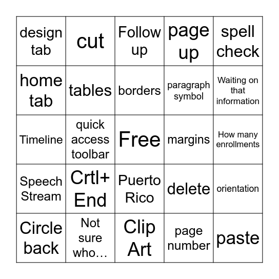 Microsoft Word  Bingo Card