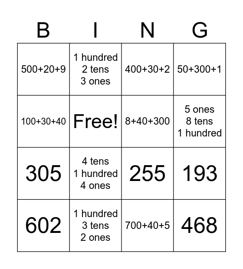Place Value Bingo Card
