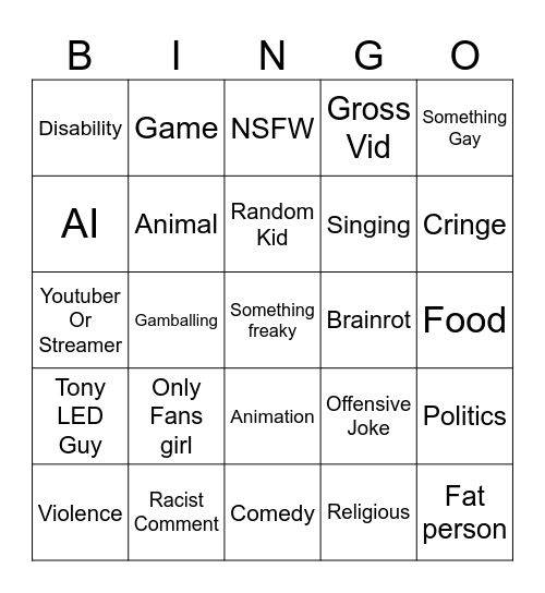 Youtube Short Bingo Board Bingo Card