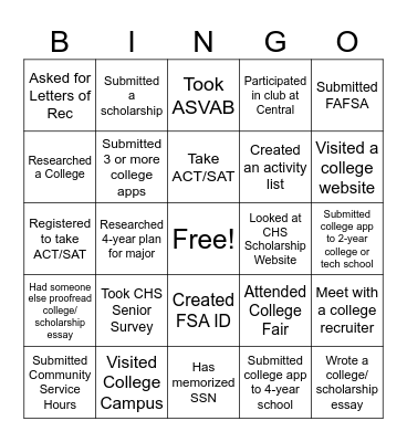 College Application Week BINGO Card