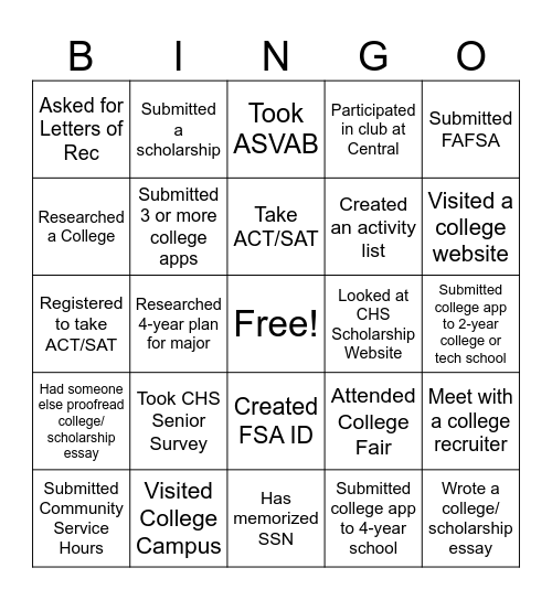 College Application Week BINGO Card