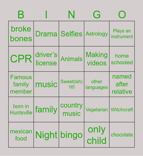 Kessa’s SWEET(ish) 16! Bingo Card