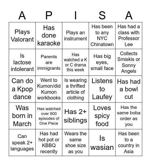 APISA Gen Meeting Bingo Card