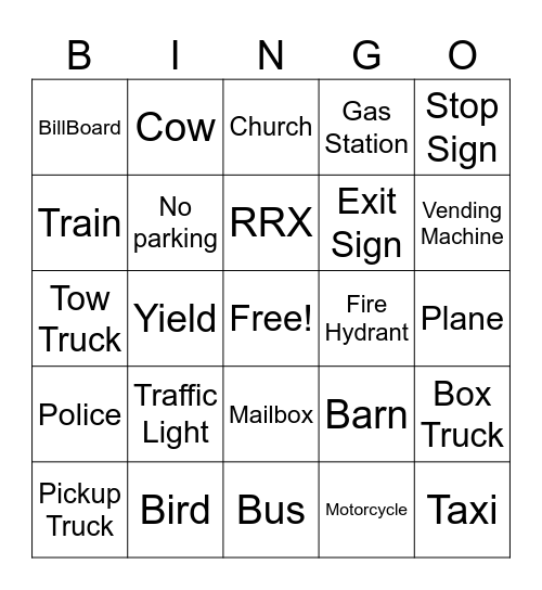 Backseat Bingo Card