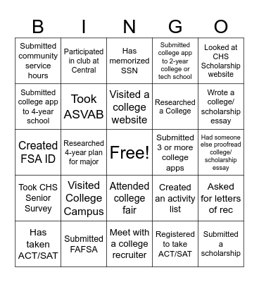 College Application Week BINGO Card