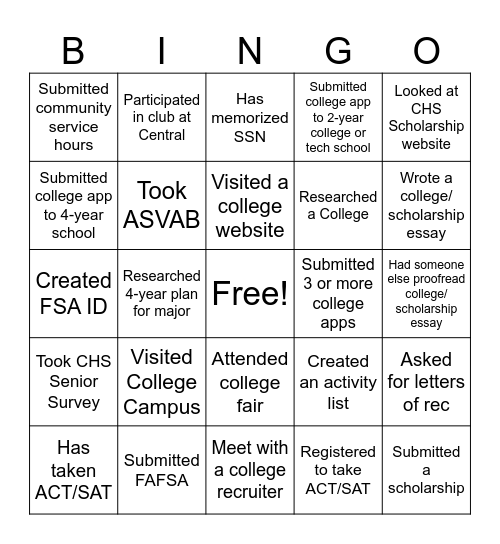 College Application Week BINGO Card