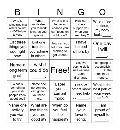 Mental Health Bingo Card