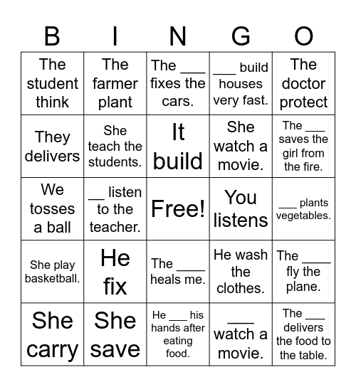 Simple Present Verbs Bingo Card