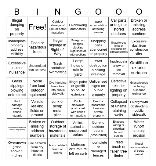 Code Enforcement Bingo Card
