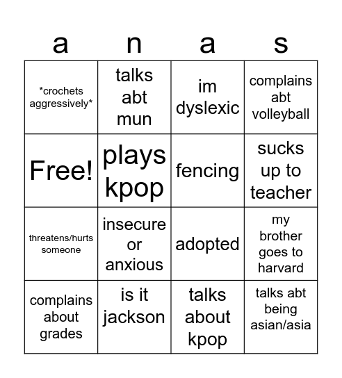 General ana bingo Card