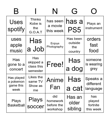 Gen Z bingo Card