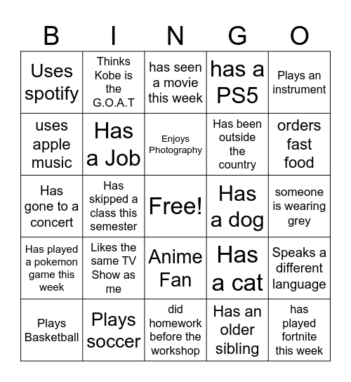 Gen Z bingo Card
