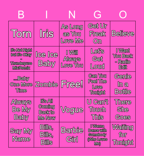 90s Musical Bingo Card