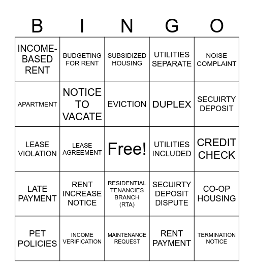 HOUSING 101 BINGO Card