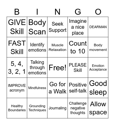 Emotion Regulation Bingo Card