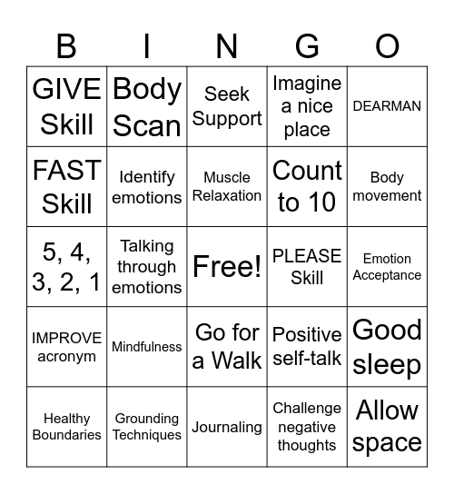 Emotion Regulation Bingo Card