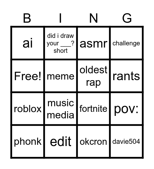 youtube bingo Card