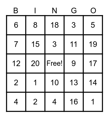 Addition Bingo Card