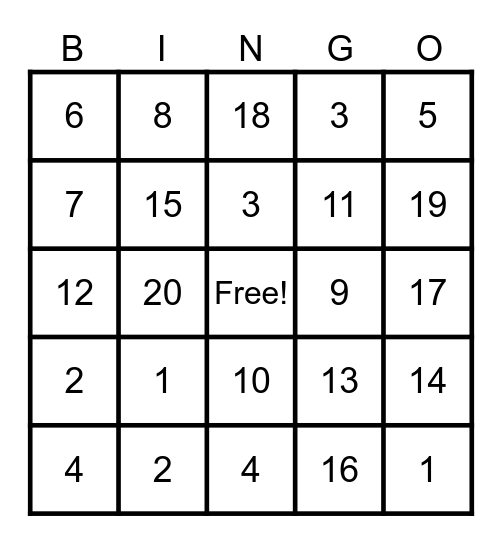 Addition Bingo Card