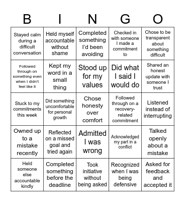 Accountability Bingo Card