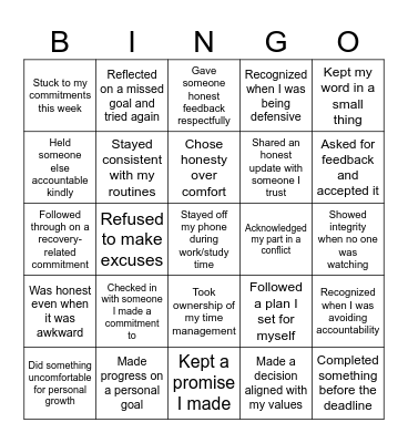 Accountability Bingo Card